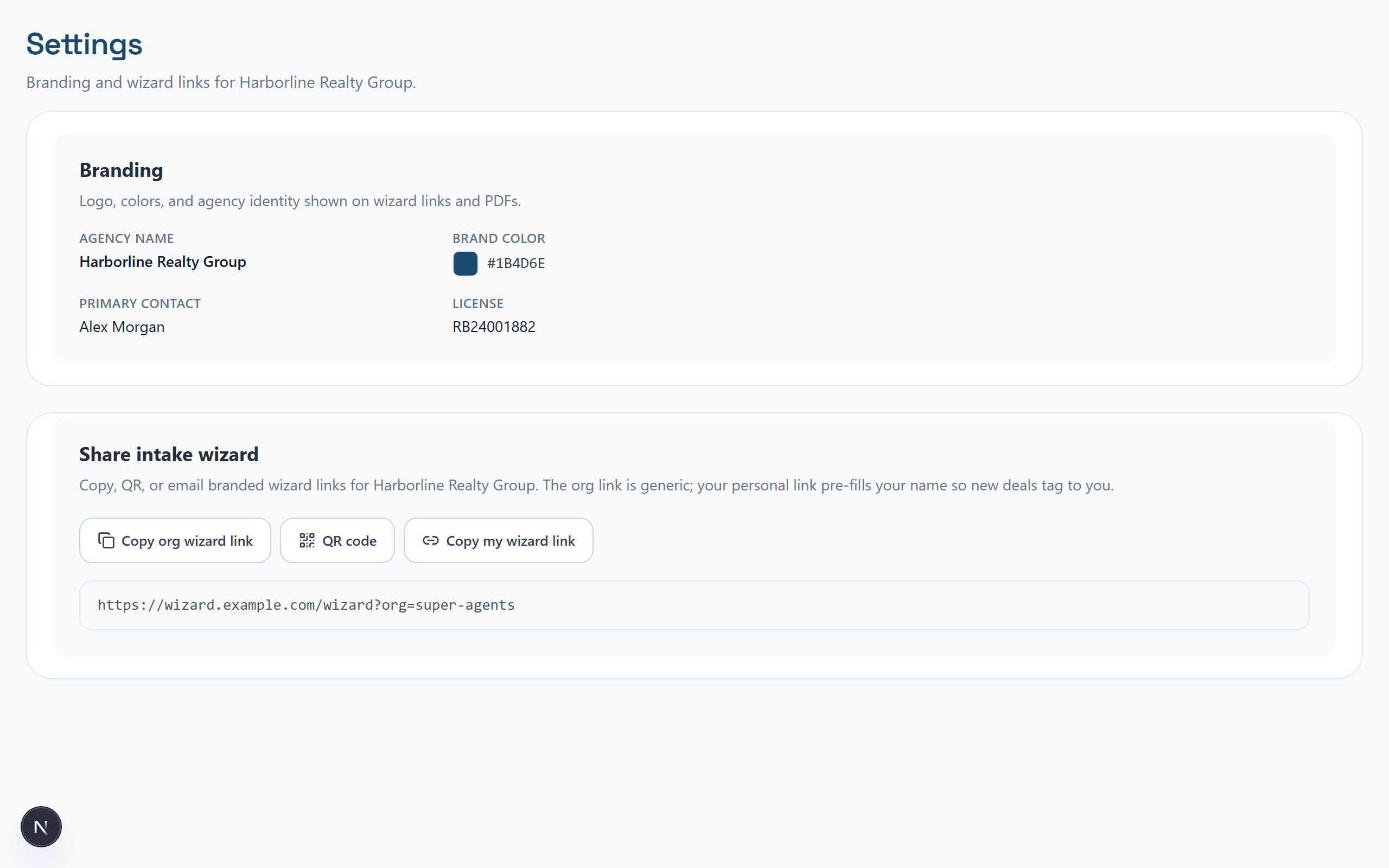 Example organization settings for agency branding and shareable wizard links