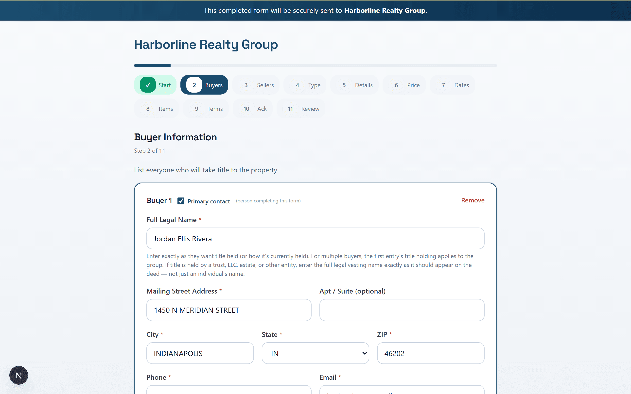 Example branded wizard showing buyer intake for sample clients Jordan and Taylor Rivera